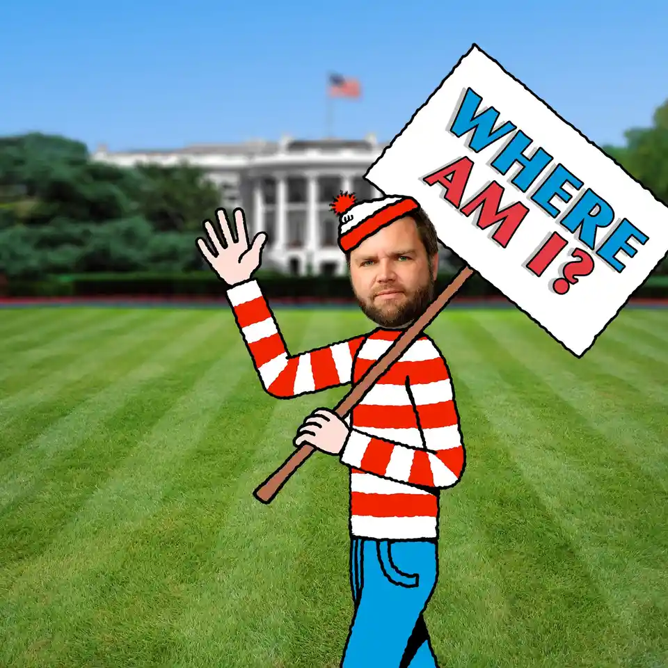 A man with a beard wearing a red-and-white striped shirt and hat, holding a sign that reads 'WHERE AM I?' and waving, stands…