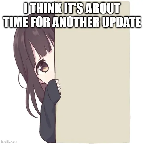 An anime-style girl with brown hair and large eyes peeks from behind a plain beige wall or door, her hand gripping the edge…