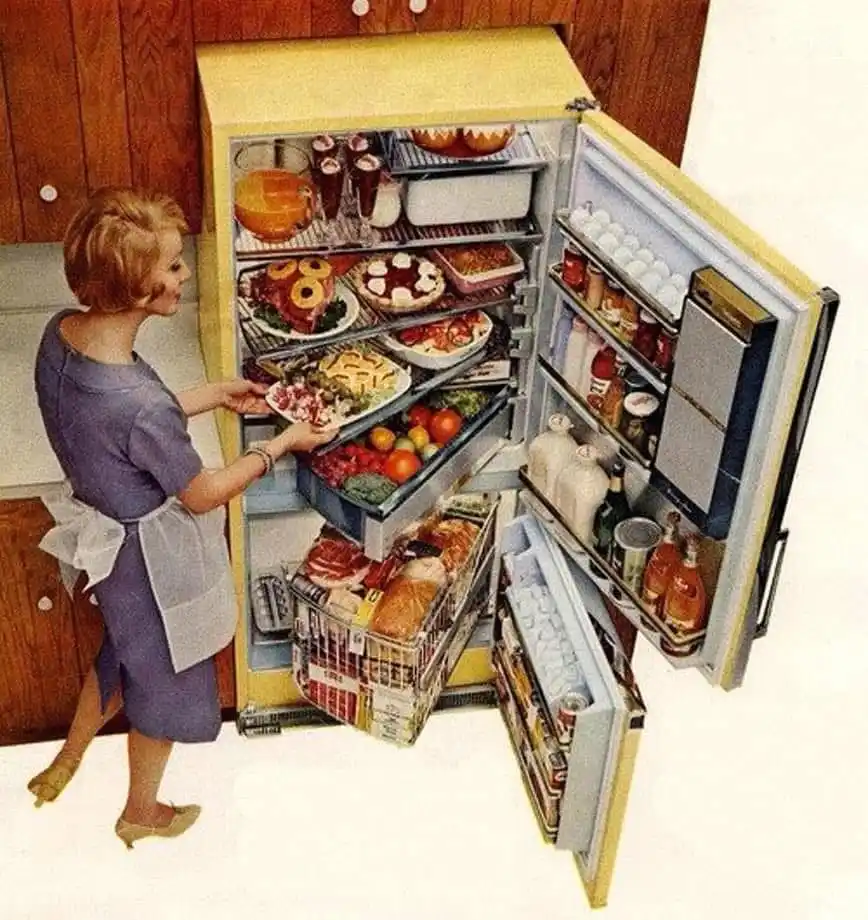 A vintage 1950s-style illustration shows a woman in a purple dress and white apron standing beside an open, fully stocked…