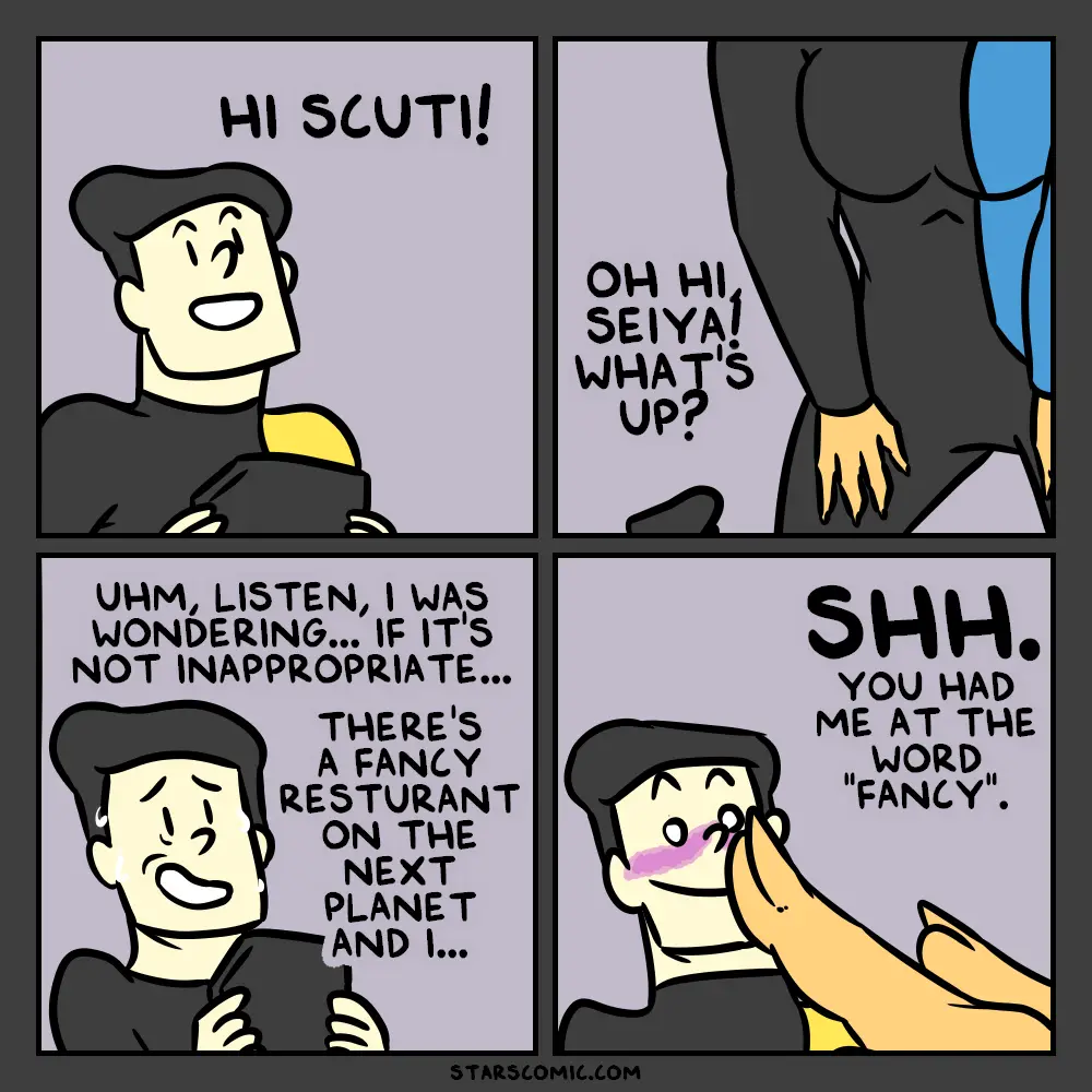 A four-panel comic shows a man nervously inviting a woman to a fancy restaurant on another planet, but she immediately…