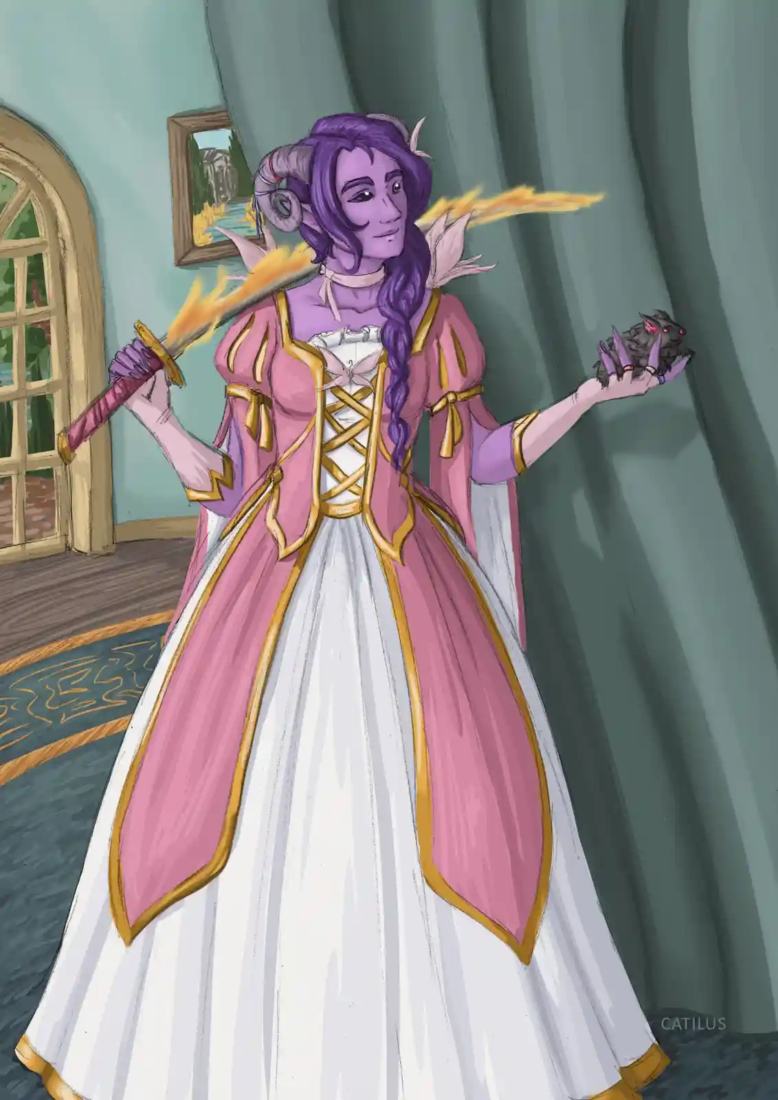 A purple-skinned, horned fantasy woman in a pink and white gown holds a flaming sword in one hand and a small, menacing rat…