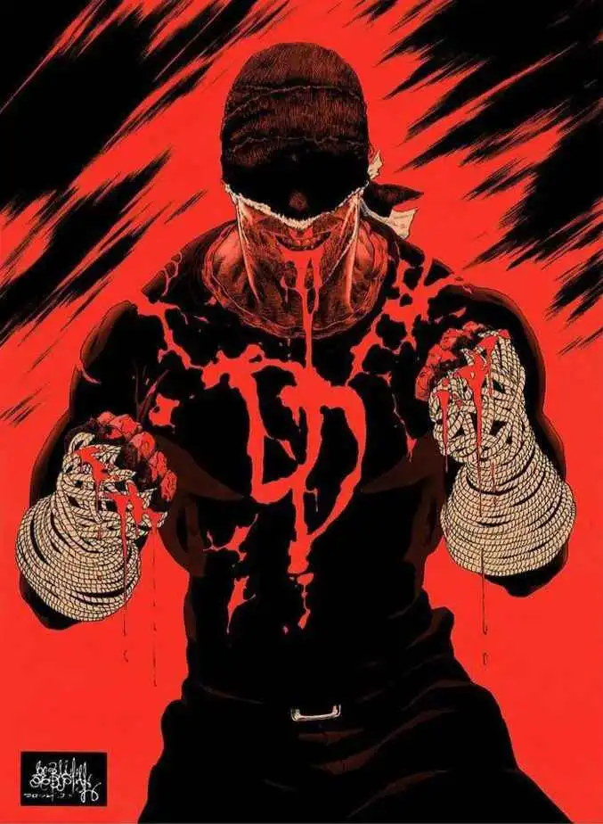 A stylized illustration of a masked, muscular figure with blood dripping from their face and chest, holding coiled ropes in…