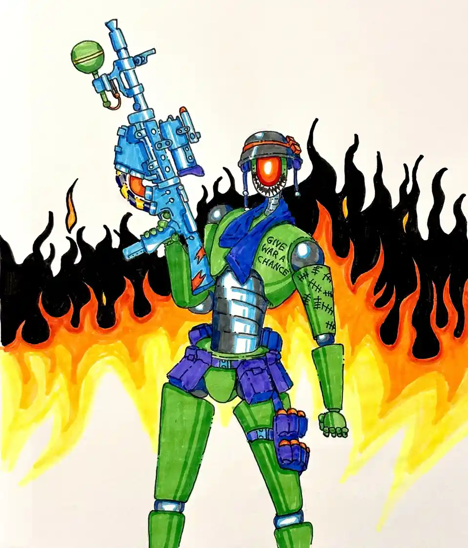 A hand-drawn, colorful robot with a glowing orange eye and stitched arm stands in front of stylized flames, holding a large…