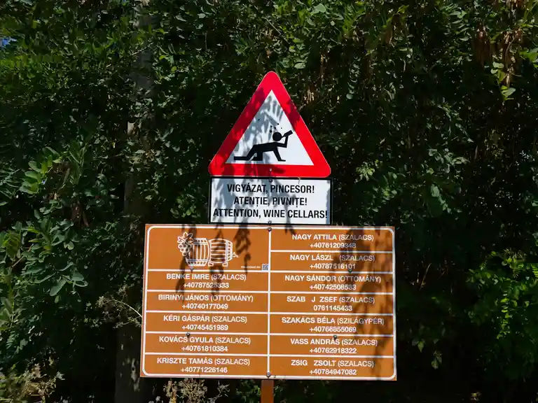 A red triangular warning sign with a black pictogram of a person falling backward is mounted above a white sign with…