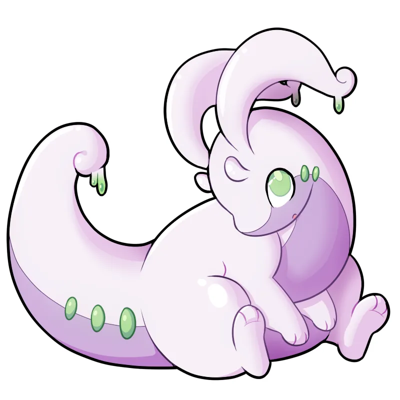 A cartoonish, light purple, jellyfish-like creature with large green eyes and drooping green tears is curled up, looking…