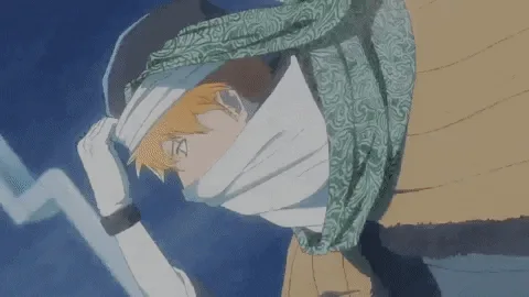 The image shows a sequence of three panels from an anime, depicting a character with orange hair and a white headband…