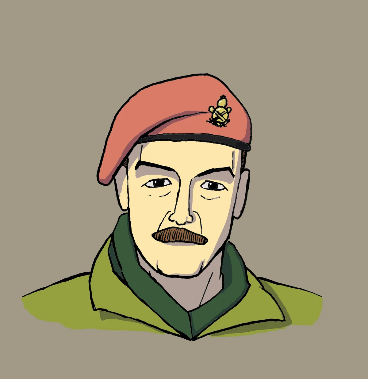 A cartoon drawing of a man with a mustache wearing a red beret with a yellow insignia and a green military-style jacket. The…