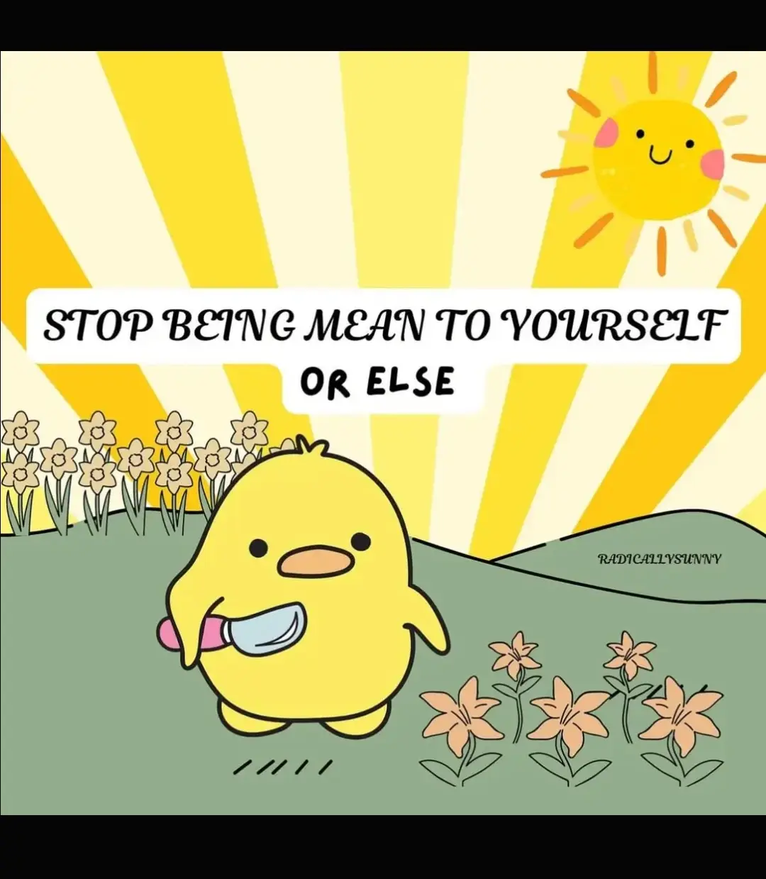 A cartoon yellow chick holding a knife stands in a field of flowers under a smiling sun with radiating yellow beams. The…