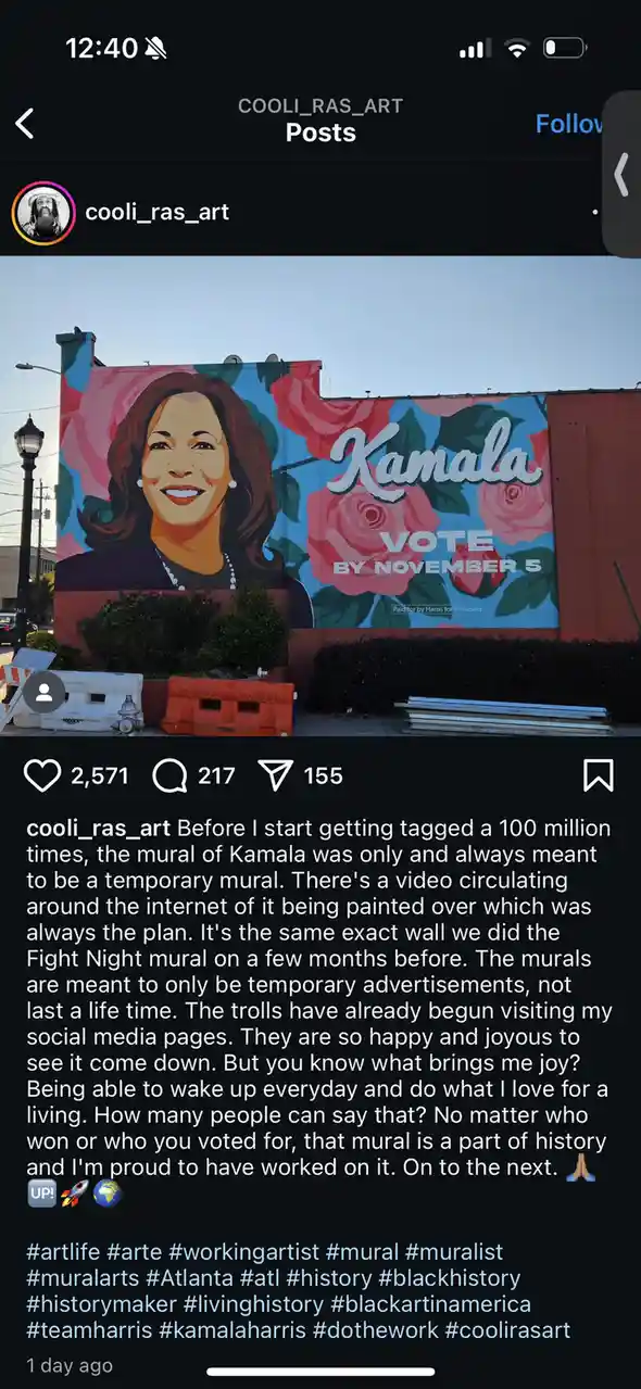 A vibrant mural of Kamala Harris with large pink roses and the text 'Kamala VOTE BY NOVEMBER 5' and 'Paid for by Harris for…
