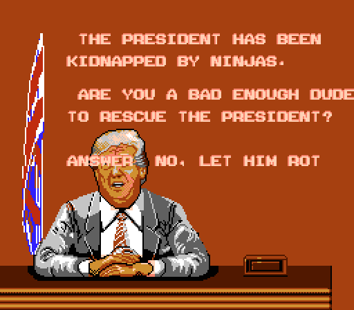 A pixelated image of a man resembling Donald Trump sits at a desk with an American flag behind him. Overlaid text reads…