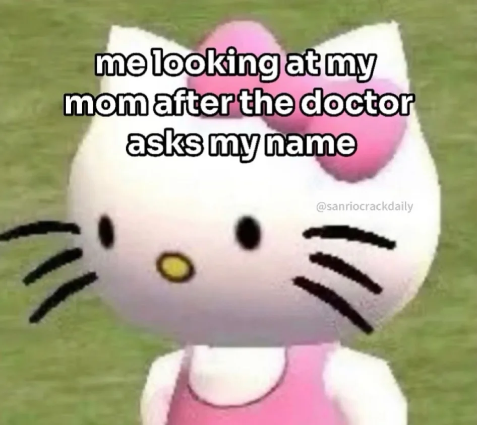 A low-resolution image of the Hello Kitty character, recognizable by her white face, pink bow, and pink dress, set against a…