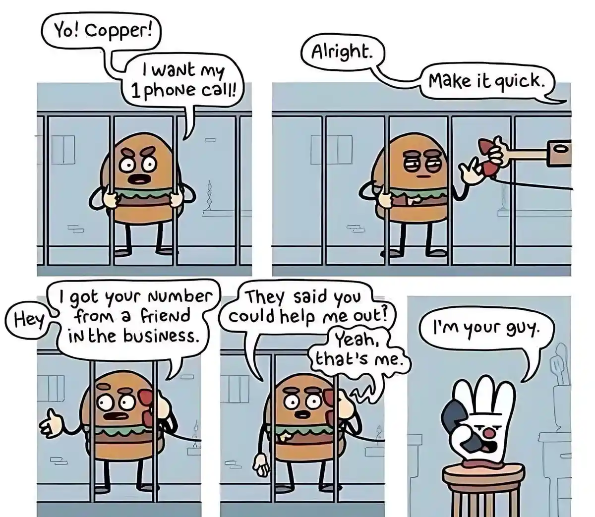 A four-panel comic strip featuring a cartoon hamburger character in jail, requesting a phone call. The officer hands him the…