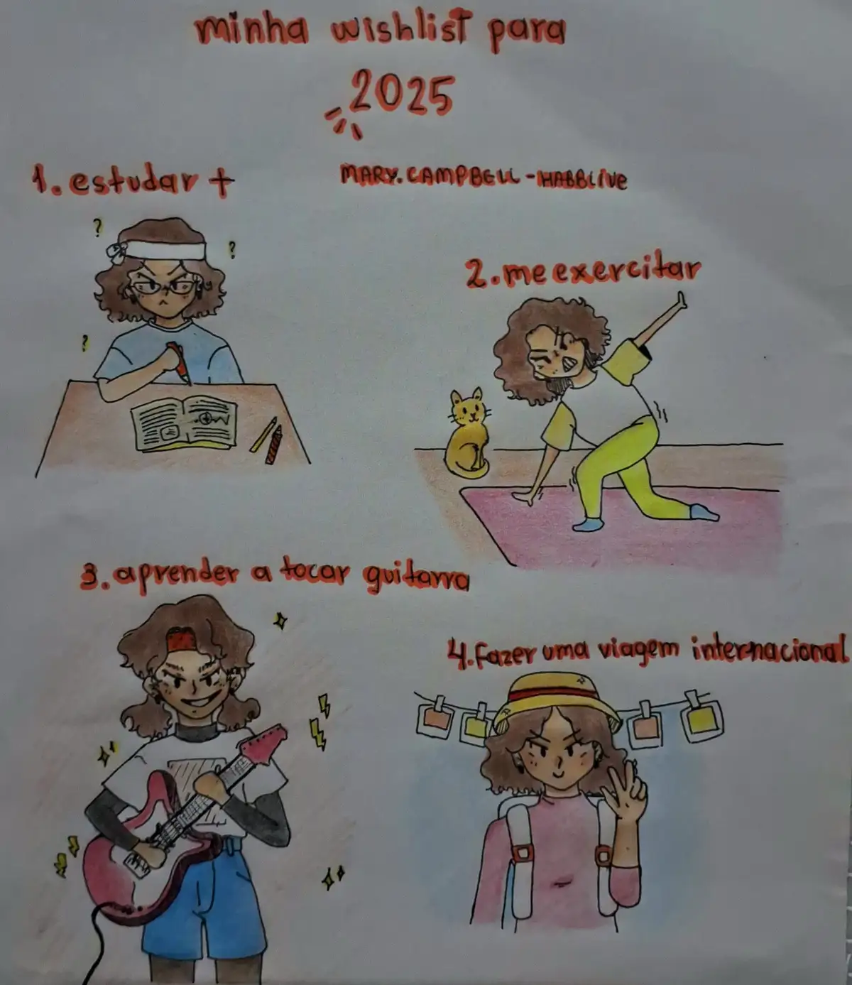 A hand-drawn wishlist for 2025 shows four illustrated goals: studying, exercising, learning guitar, and taking an…