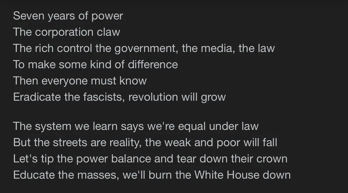 The image displays white text on a dark background, presenting a poem that critiques systemic inequality and calls for…