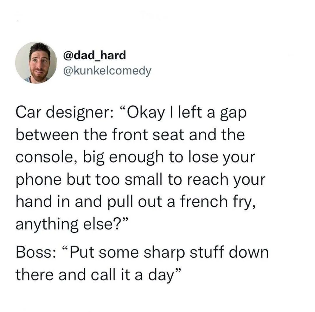 The image displays a tweet from @dad_hard with a white background and black text. The text is a joke where a car designer…