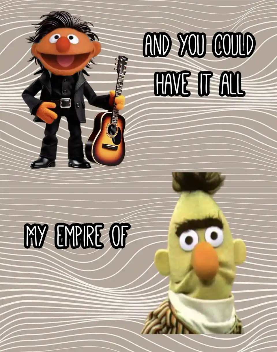 The image features two Muppet characters against a wavy beige and white background. The top half shows Ernie in a black suit…