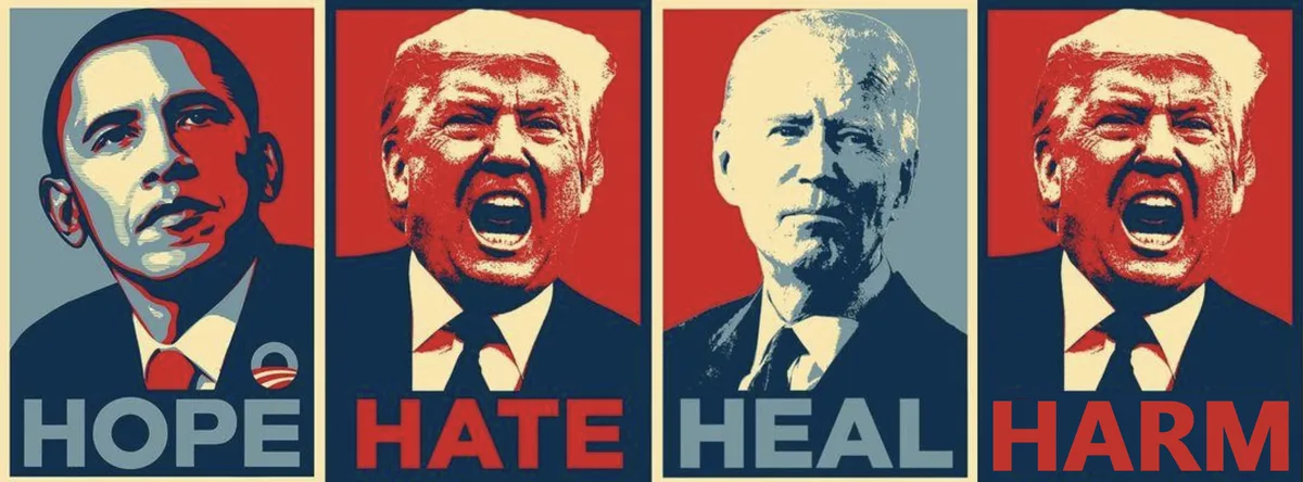 The image displays four side-by-side stylized portraits in a red, white, and blue color scheme, reminiscent of political…