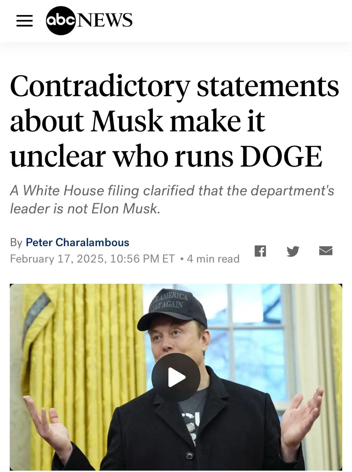 An image of Elon Musk wearing a 'Make America Great Again' cap and gesturing with both hands, overlaid with a fake ABC News…