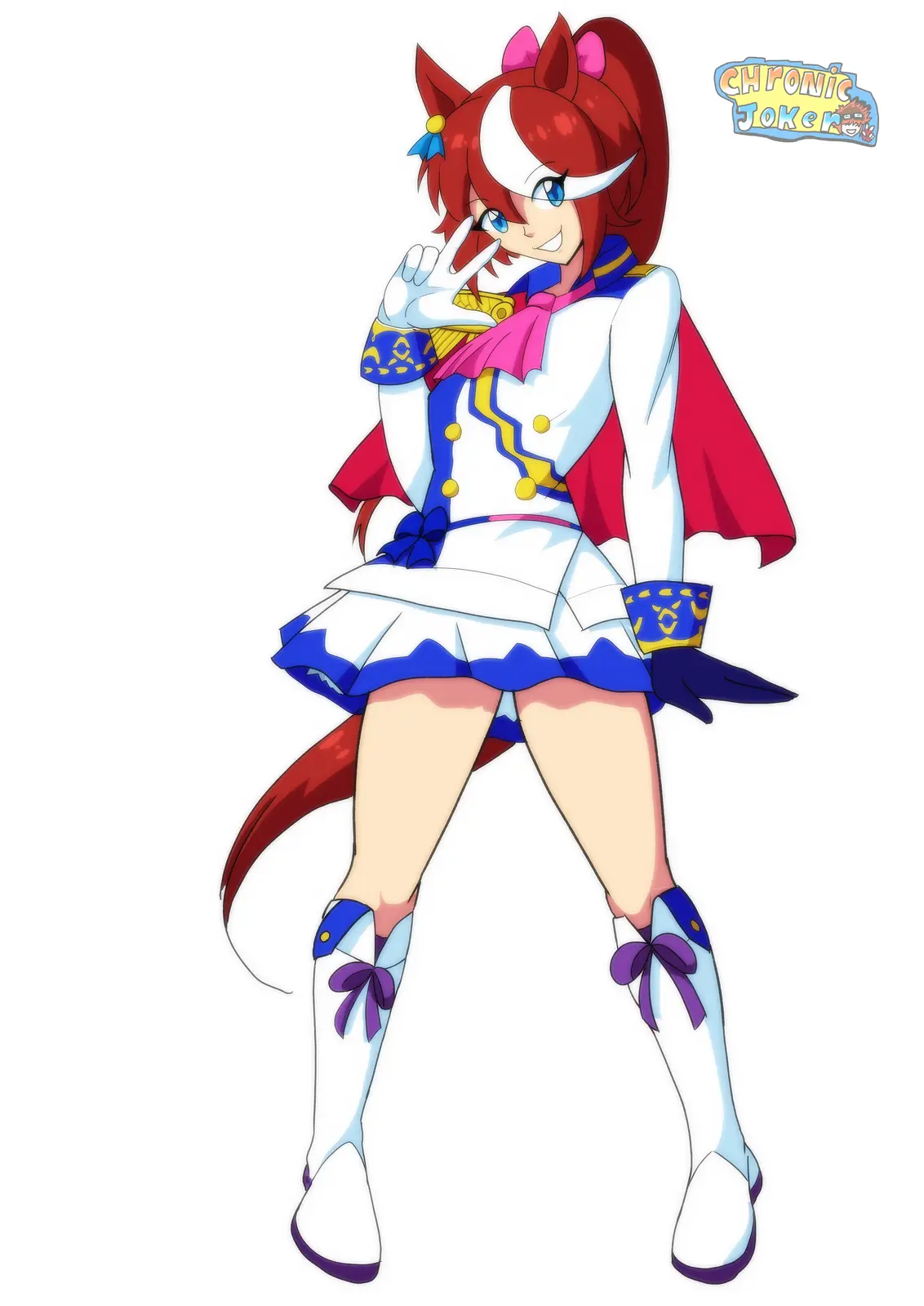 An anime-style illustration of a red-haired female character with fox ears and a tail, wearing a white, blue, and red outfit…