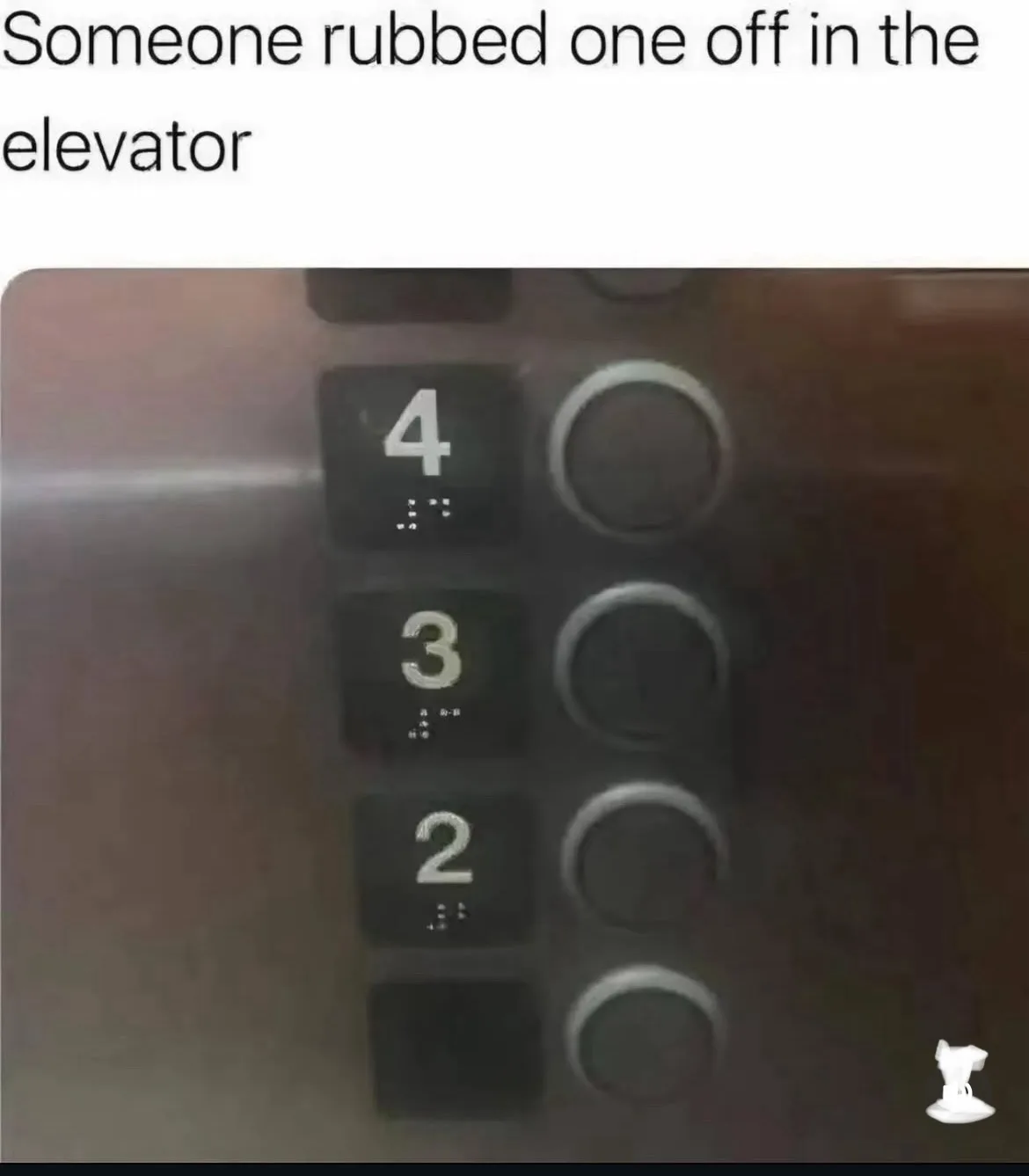 A close-up photo of an elevator button panel shows the buttons for floors 4, 3, and 2, each with raised braille dots below…