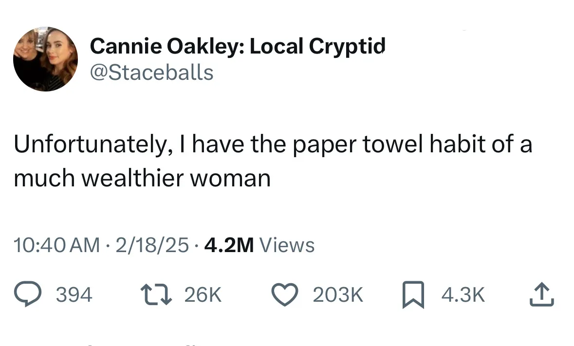 A screenshot of a tweet from user Cannie Oakley: Local Cryptid (@Staceballs) shows her stating, 'Unfortunately, I have the…