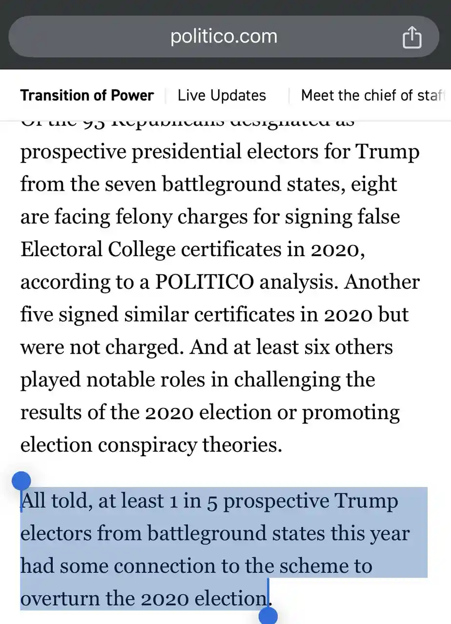 A screenshot of a Politico.com article about Republican electors for Trump, highlighting that at least one in five from…
