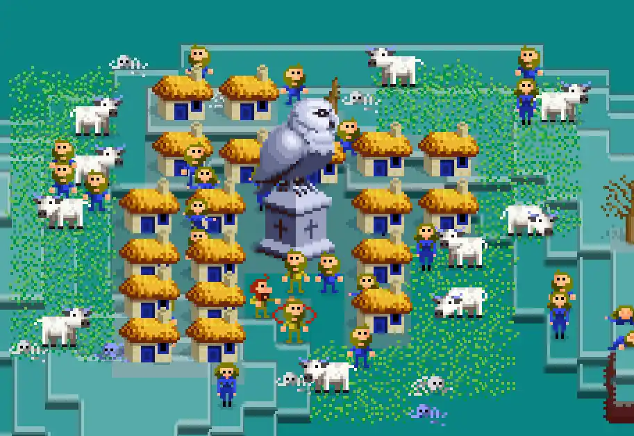 a pixel art image showing three identical scenes of a village with thatched-roof houses, a large owl statue, villagers, and…