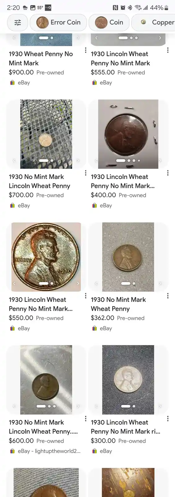 A screenshot of an eBay search results page showing multiple listings for 1930 Lincoln Wheat Pennies without mint marks…