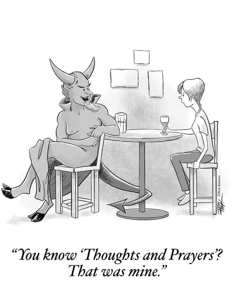 A cartoon depicts a horned, tail-wielding devil sitting across a small table from a human woman, both holding drinks. The…