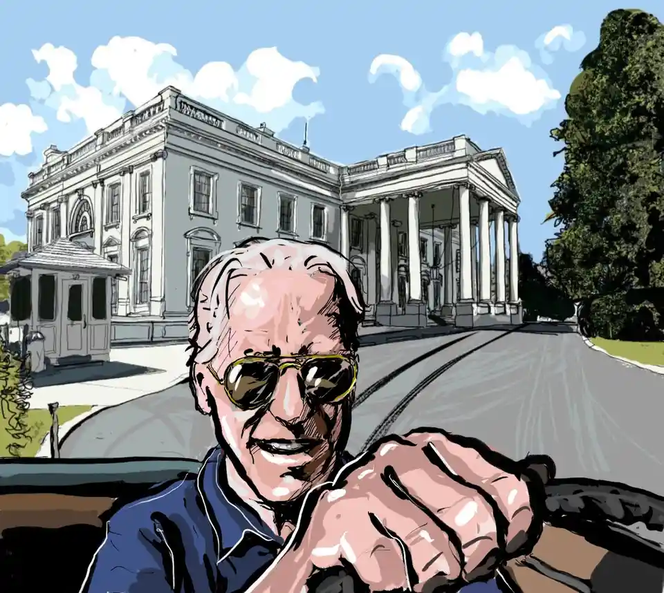 A cartoon-style illustration shows an older man with white hair and aviator sunglasses, smiling and gripping the steering…