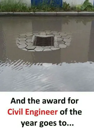 A flooded street with a hexagonal stone drain cover partially submerged in murky water, surrounded by greenery and a curb…