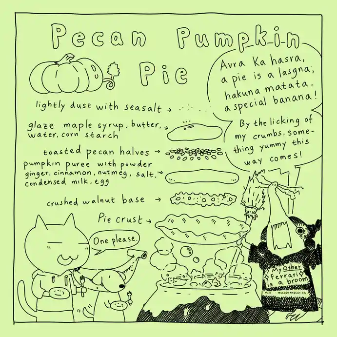 A hand-drawn recipe for 'Pecan Pumpkin Pie' lists ingredients like seasalt, maple syrup, toasted pecans, and a crushed…