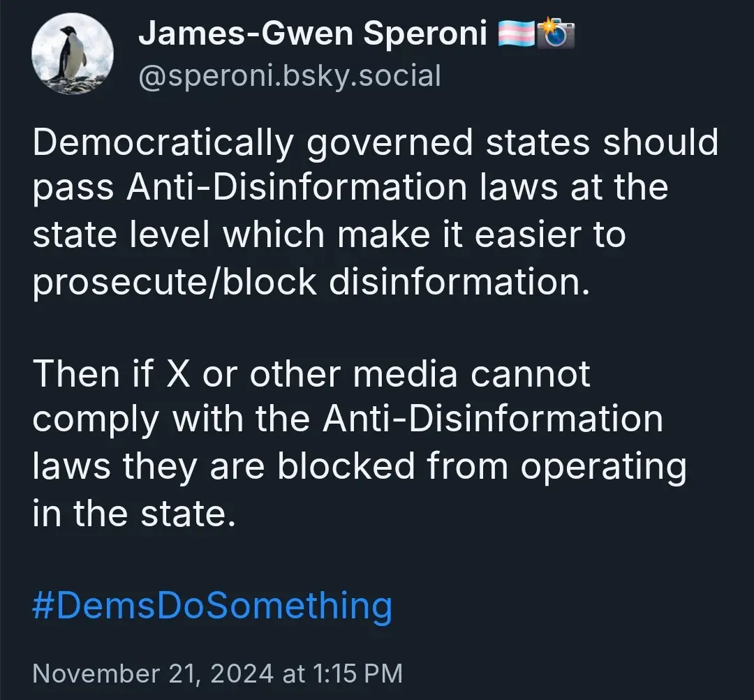 A screenshot of a social media post by James-Gwen Speroni on a dark-themed platform, featuring white text that proposes…