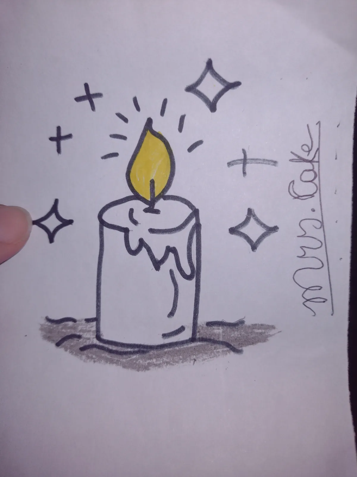 A hand-drawn illustration of a lit birthday candle with a yellow flame, melting wax, and sparkles around it, with the…
