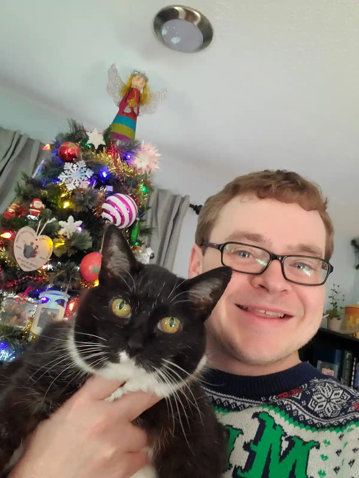 A man in a festive sweater smiles while holding a black-and-white cat in front of a decorated Christmas tree with lights and…