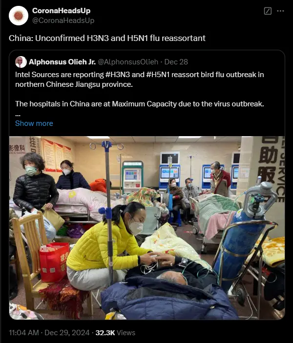 A screenshot of a tweet from @CoronaHeadsUp shows a hospital ward filled with patients in beds, many wearing face masks…