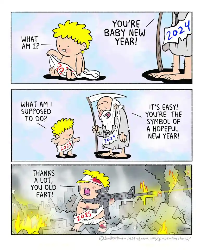 A three-panel comic shows a baby labeled '2025' being introduced to '2024' as 'Baby New Year'. An older man, representing…