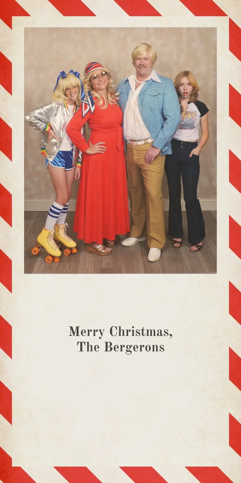 A vintage-style photo of four people dressed in 1970s fashion poses like a family portrait, framed with red and white…