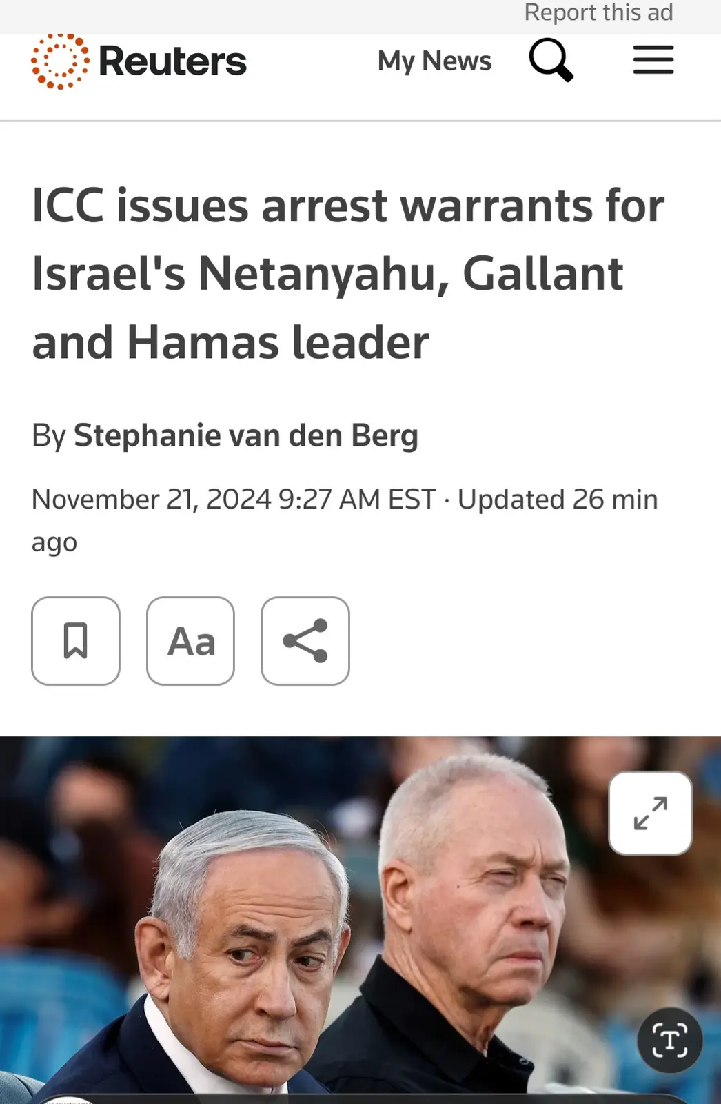 A screenshot of a Reuters news article dated November 21, 2024, with the headline 'ICC issues arrest warrants for Israel's…