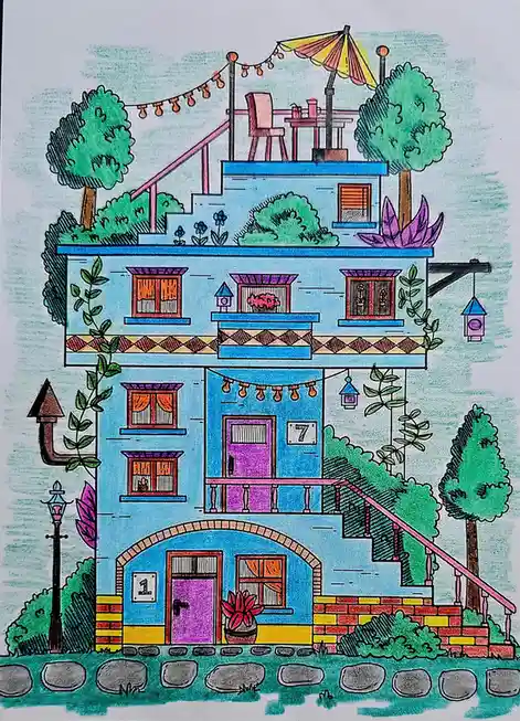 a colorful, cartoon-style drawing of a multi-level house with two distinct entrances: one at ground level labeled '1' and…