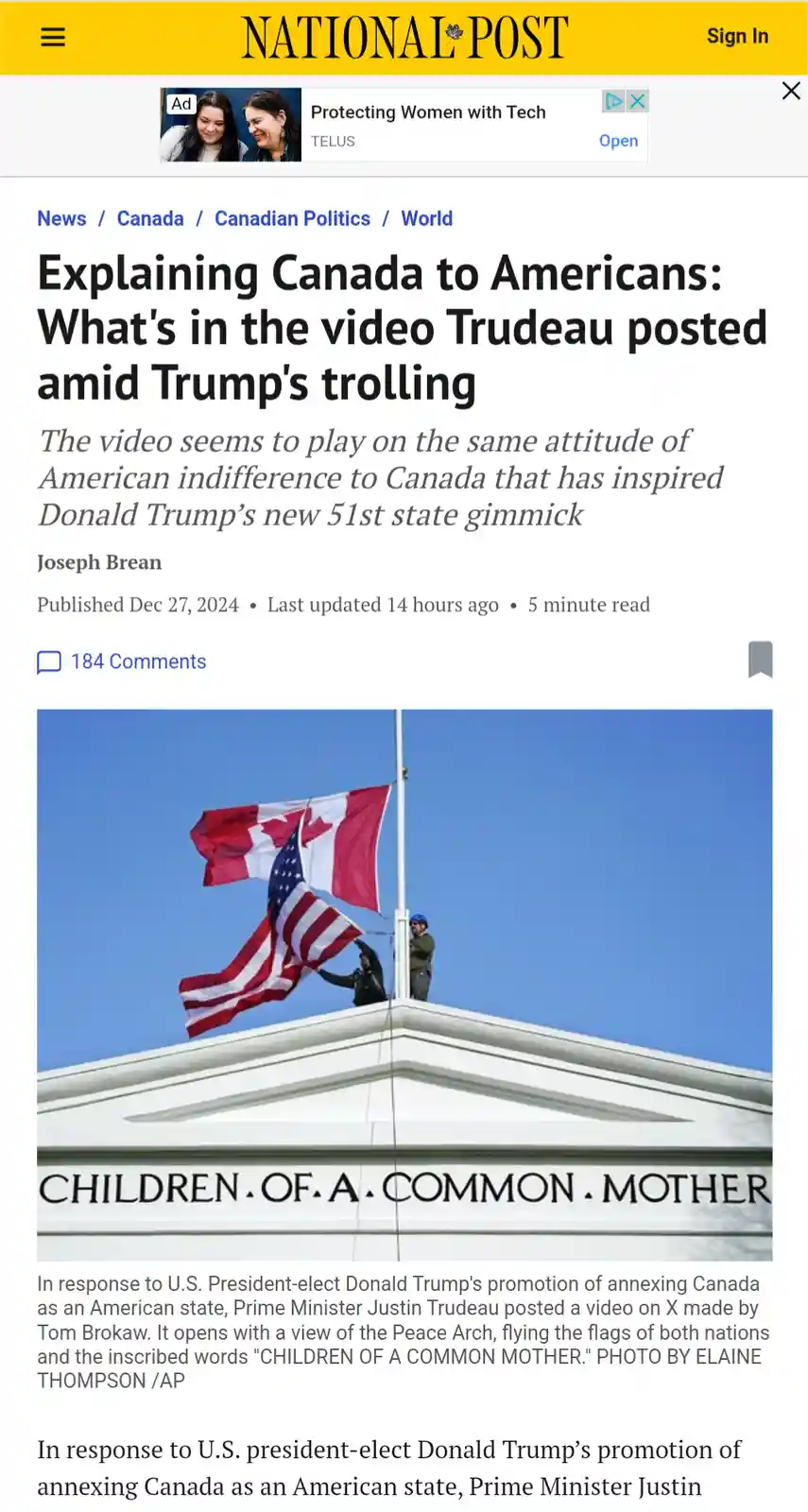 A news article screenshot from the National Post shows a photo of two workers on a building roof raising both the Canadian…