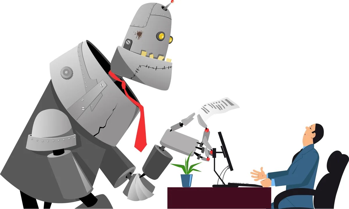 A large, gray, retro-style robot wearing a red tie leans over a desk toward a man in a blue suit who is reclining in his…