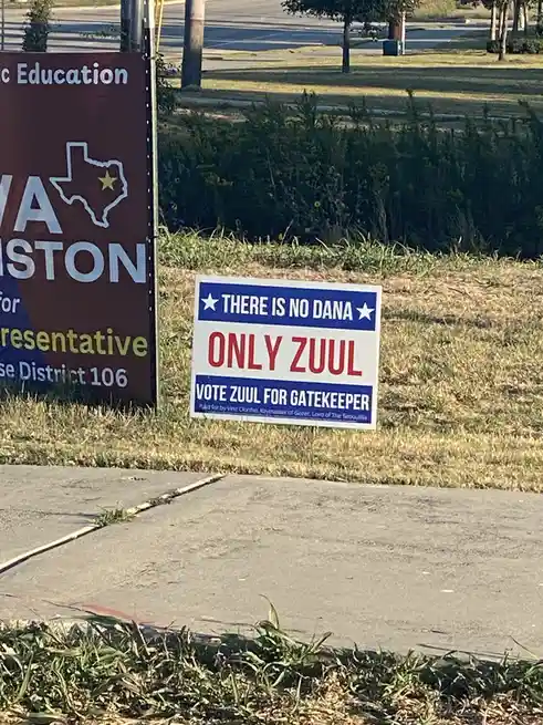 A political campaign sign in a grassy area next to a sidewalk reads 'THERE IS NO DANA' in a blue banner, 'ONLY ZUUL' in red…