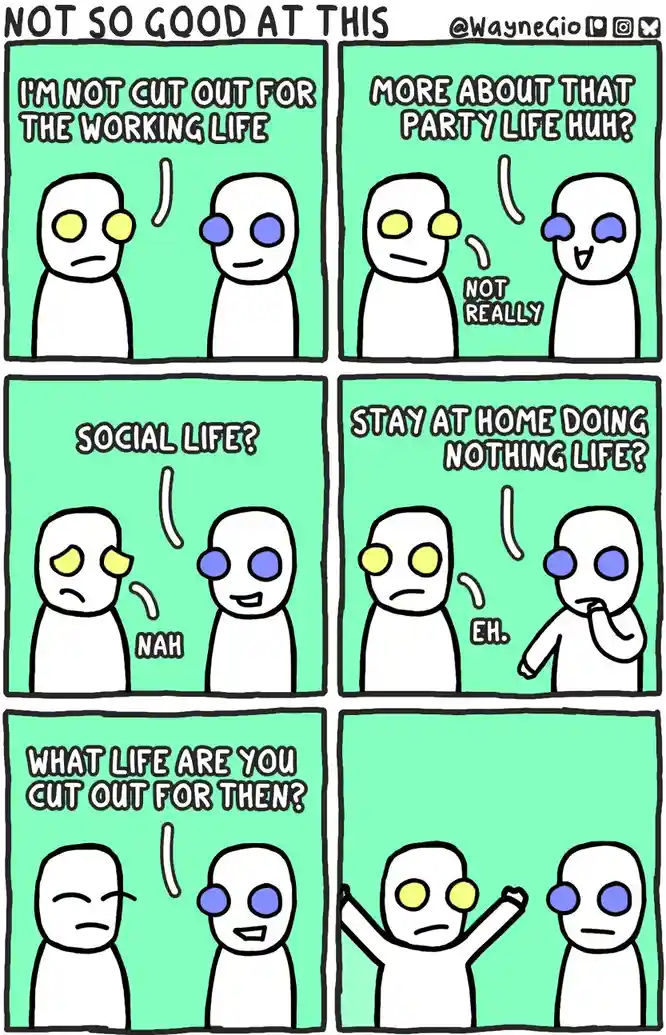 A six-panel comic strip featuring two stick figures with colored eyes. One figure expresses dissatisfaction with work…