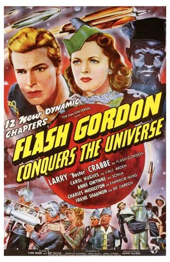 A vintage science fiction movie poster for 'Flash Gordon Conquers the Universe' featuring a blonde man, a woman in a green…