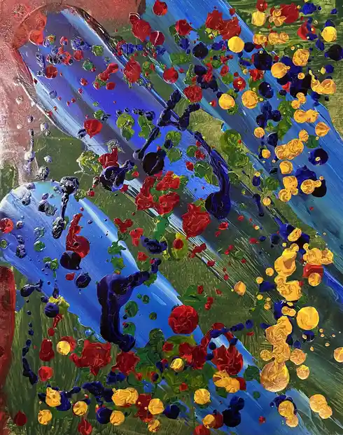 A vibrant abstract painting with thick, textured brushstrokes of blue, green, red, yellow, and black paint. The composition…