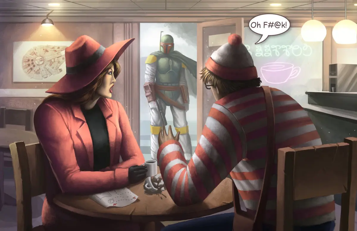 A man in a red-and-white striped sweater and beanie sits at a café table with a woman in a red hat and coat, both looking…