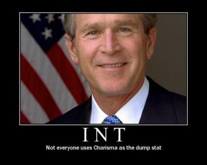 A formal portrait of George W. Bush smiling, with an American flag behind him, overlaid with the text 'INT' and 'Not…
