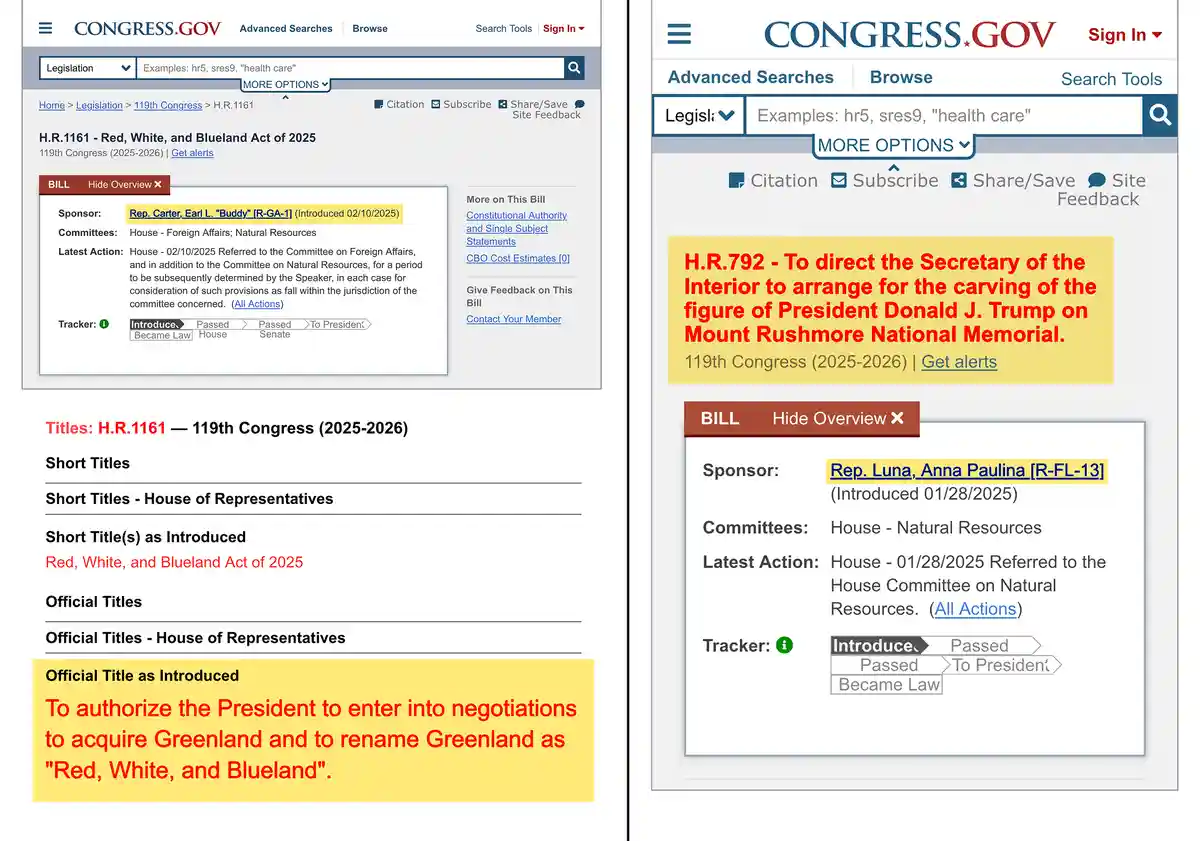 The image displays two side-by-side screenshots from Congress.gov. The left screenshot shows bill H.R.1161, titled 'Red…