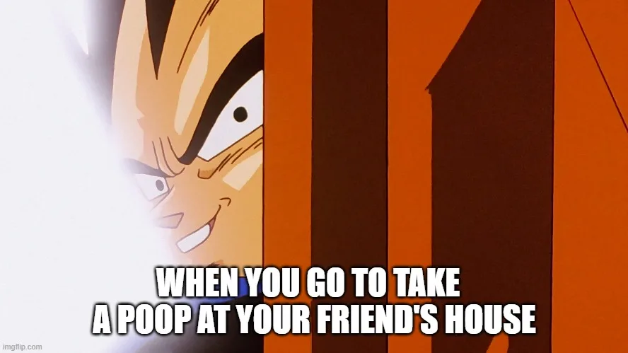 An anime character, Vegeta from Dragon Ball Z, is shown peeking around a corner with a mischievous grin. The image has white…